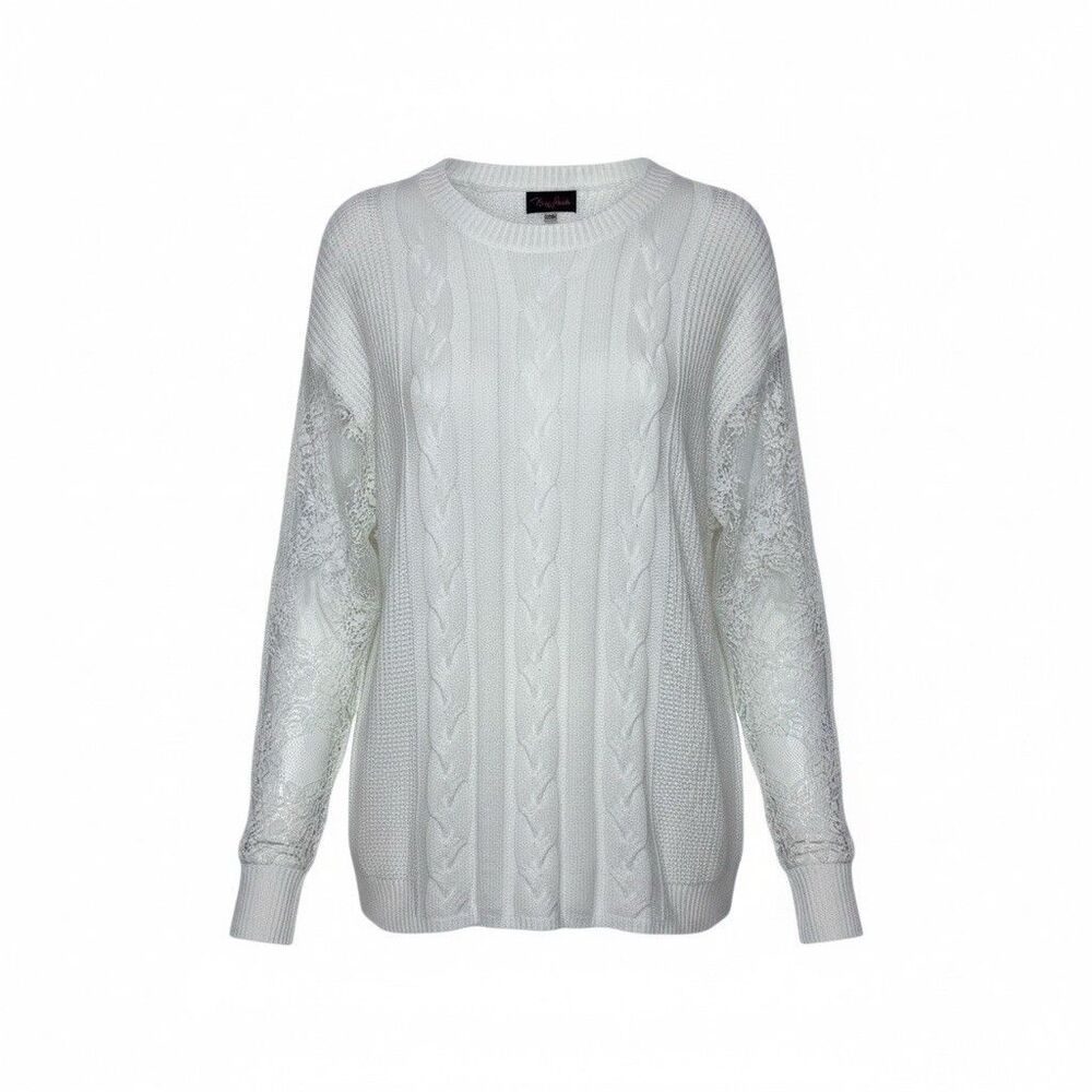 Hanna Nikole Ivory Cable Knit Lace Cottagecore Sweater 24W Women’s Plus Size